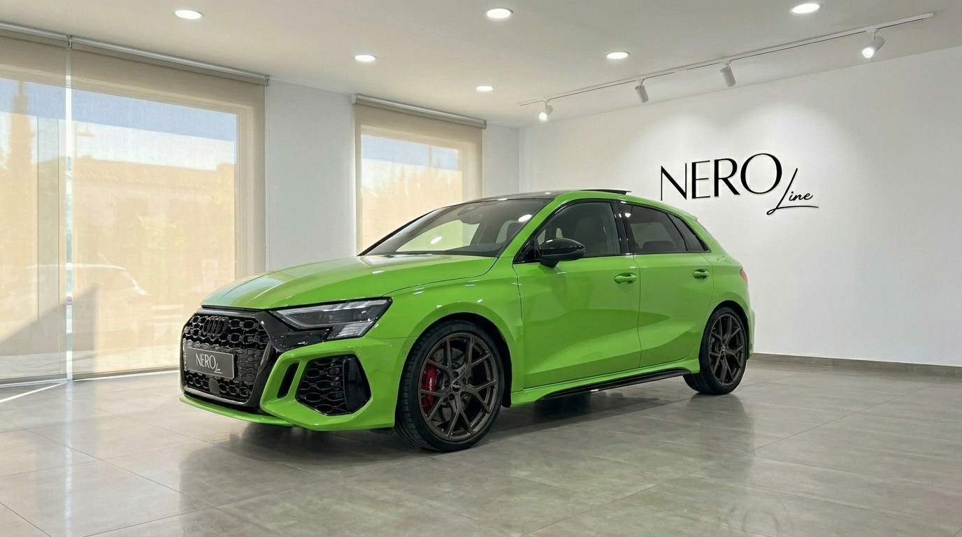 Audi RS3 Sportback — Vue avant à Marbella L'Audi RS3 Sportback 2023 vert Kyalami brillant est présentée de trois quarts avant dans un showroom à Marbella.