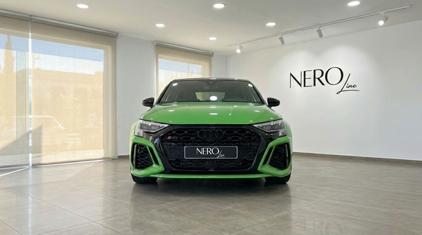 L'impressionnante Audi RS3 Sportback vert Kyalami brillant est présentée de face dans un showroom lumineux à Marbella.