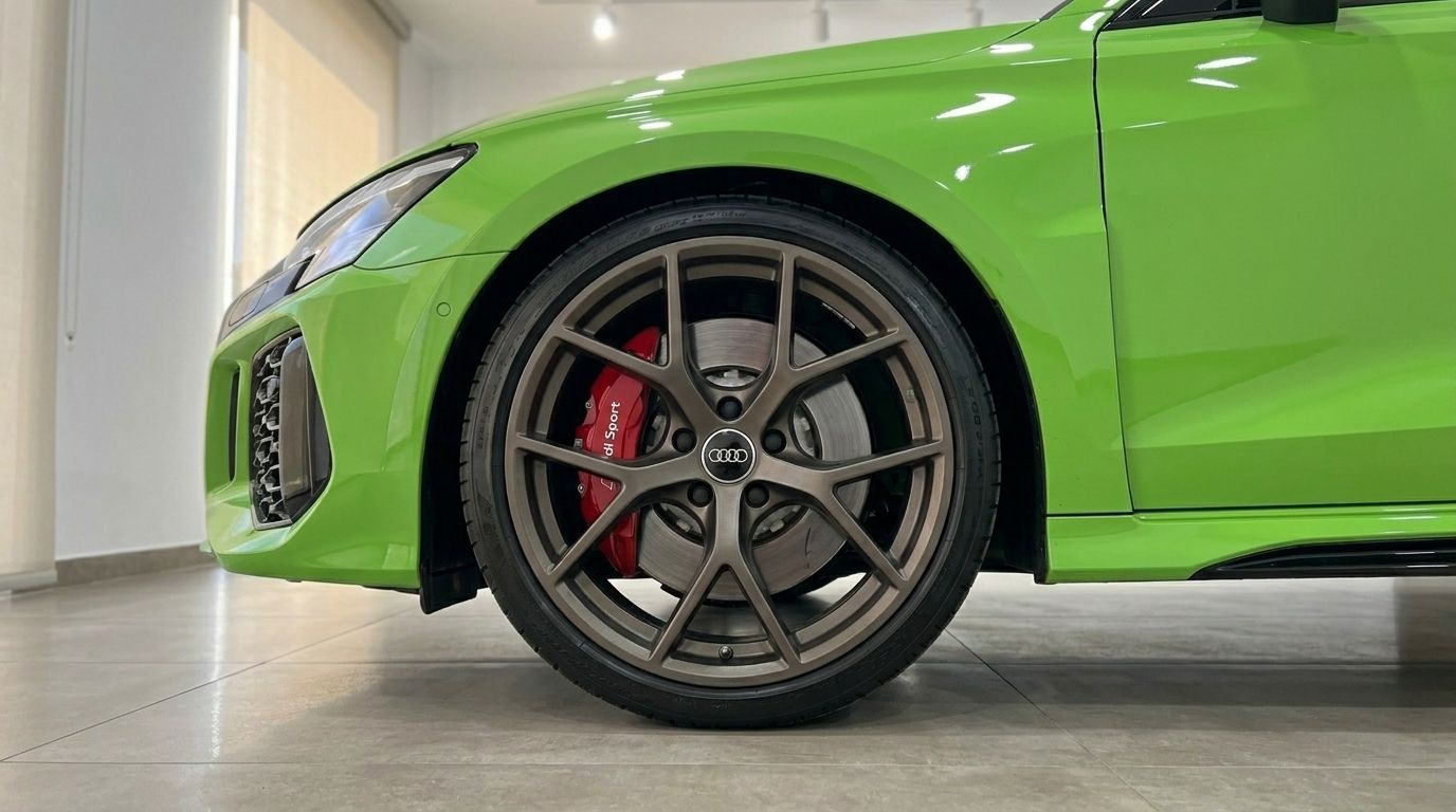 La roue avant de l'Audi RS3 Sportback avec étriers de frein rouges et carrosserie vert vif est visible à Marbella.