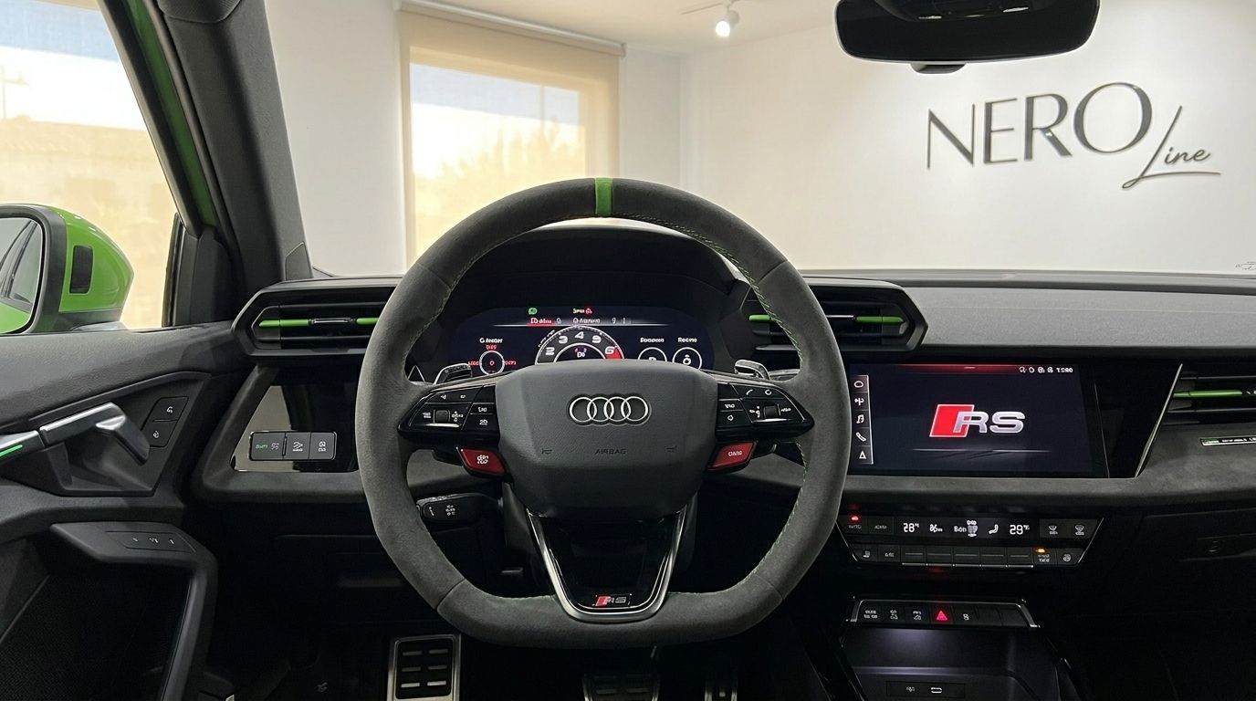 L'intérieur de l'Audi RS3 Sportback 2023 à Marbella, présentant le volant, le tableau de bord et l'écran d'infodivertissement.