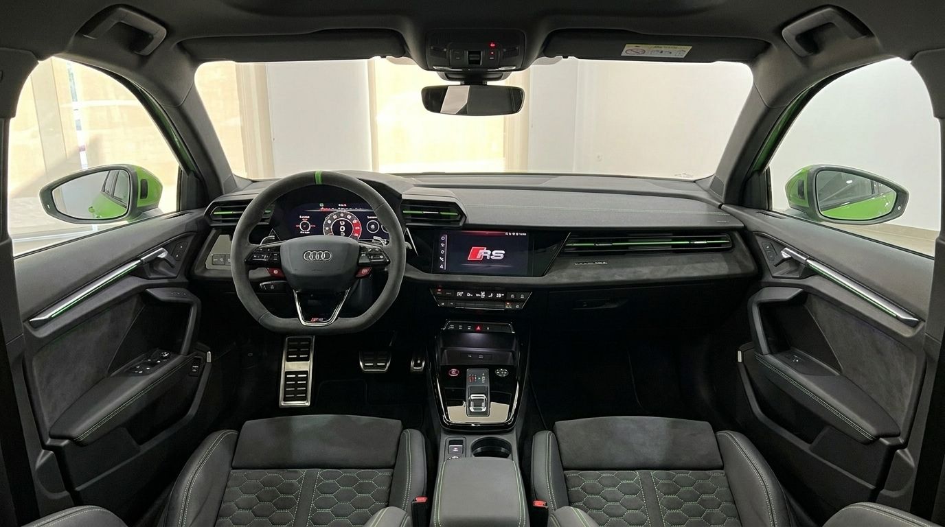 L'intérieur luxueux de l'Audi RS3 Sportback 2023 à Marbella, présentant son tableau de bord moderne, son volant et ses sièges sport.