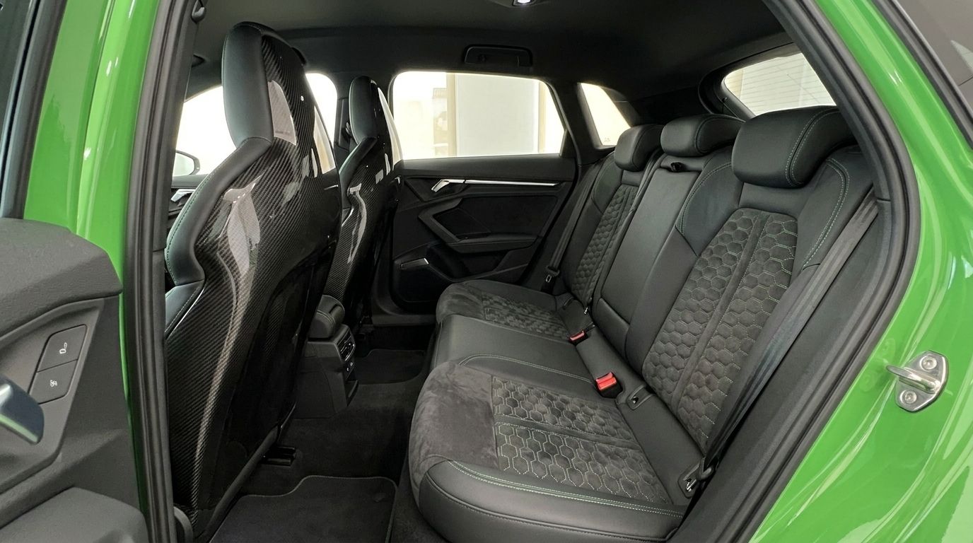 Intérieur arrière de l'Audi RS3 Sportback 2023 à Marbella, avec sièges en cuir noir, surpiqûres hexagonales et dossiers en carbone.