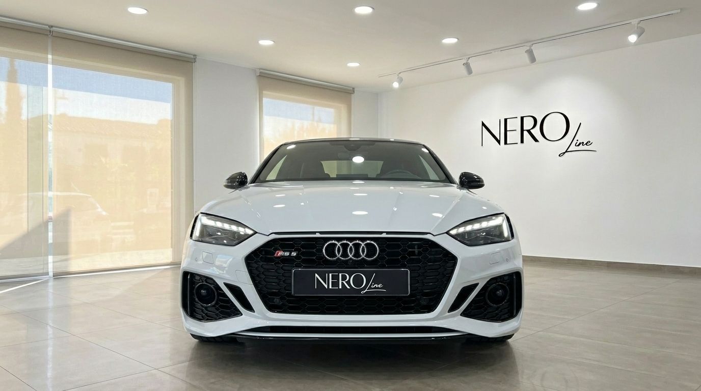 The white Audi RS5 is prominently displayed in a showroom, showcasing its distinctive front grille and headlights in Alicante.