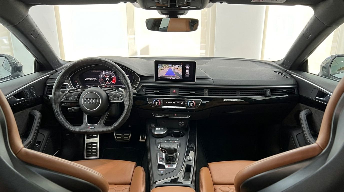 The luxurious interior of the Audi RS5 in Alicante features a detailed view of the dashboard, steering wheel, and brown leather seats.