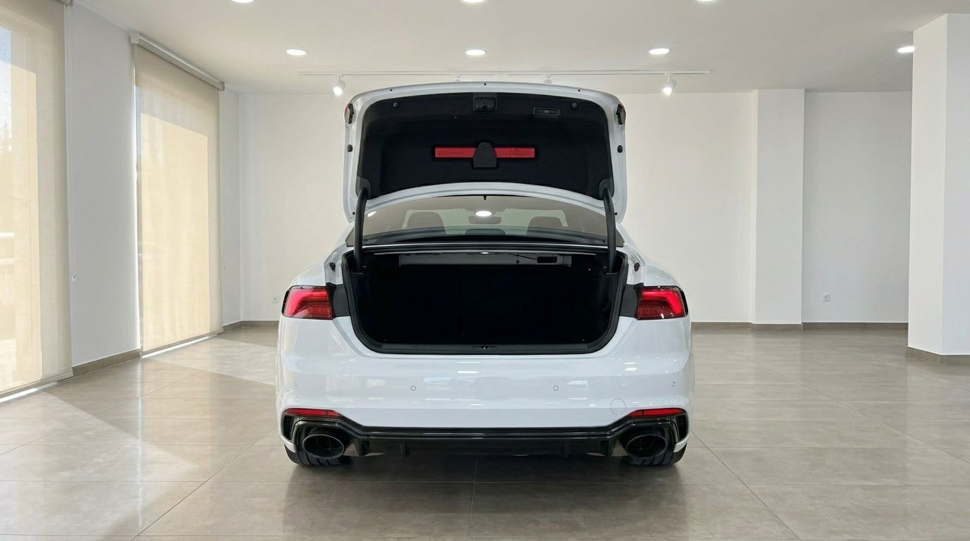 The rear view of the white Audi RS5 shows its open trunk with a red warning triangle inside, in Alicante.