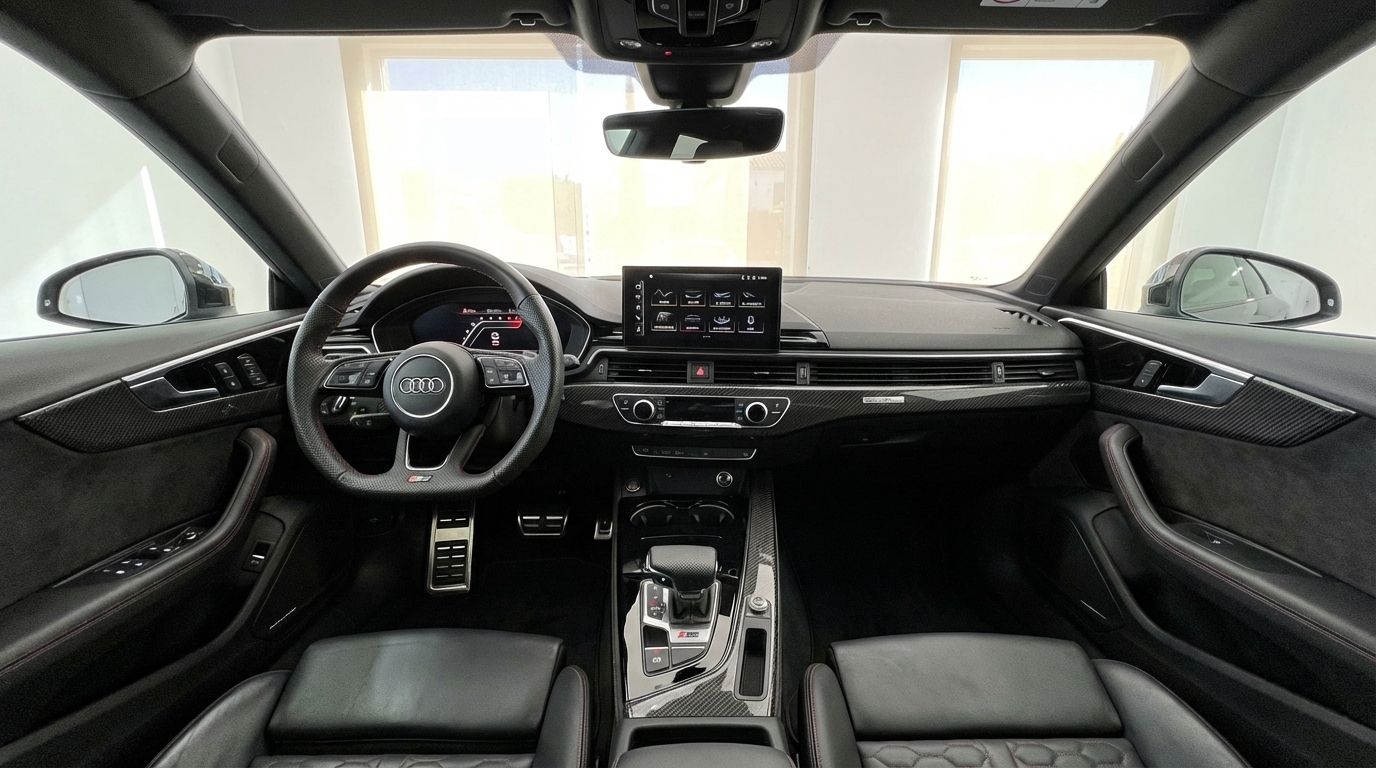 The luxurious black interior and cockpit of the 2025 Audi RS5, featuring the steering wheel, dashboard, and infotainment system in Marbella.