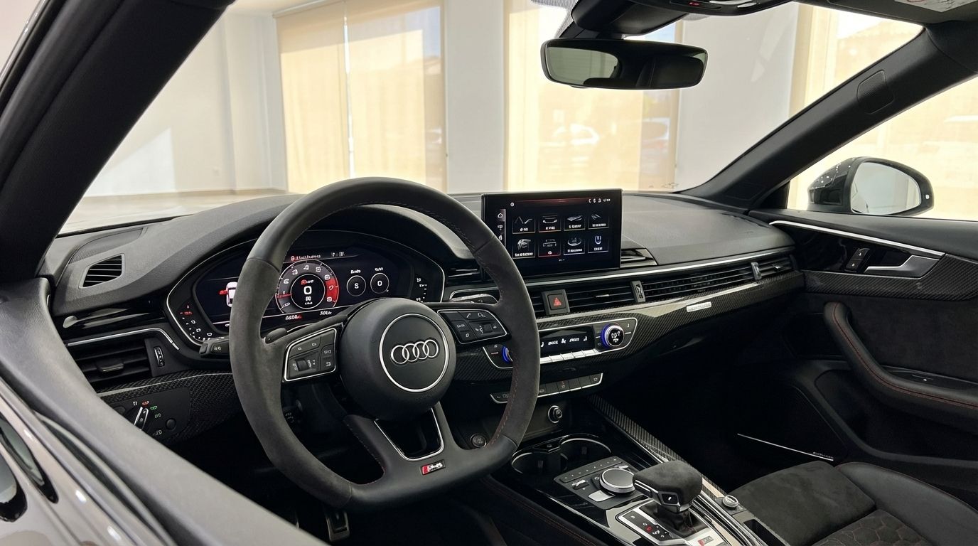 The image shows the luxurious black interior of the Audi RS5 in Marbella, highlighting the steering wheel, dashboard, and infotainment screen.