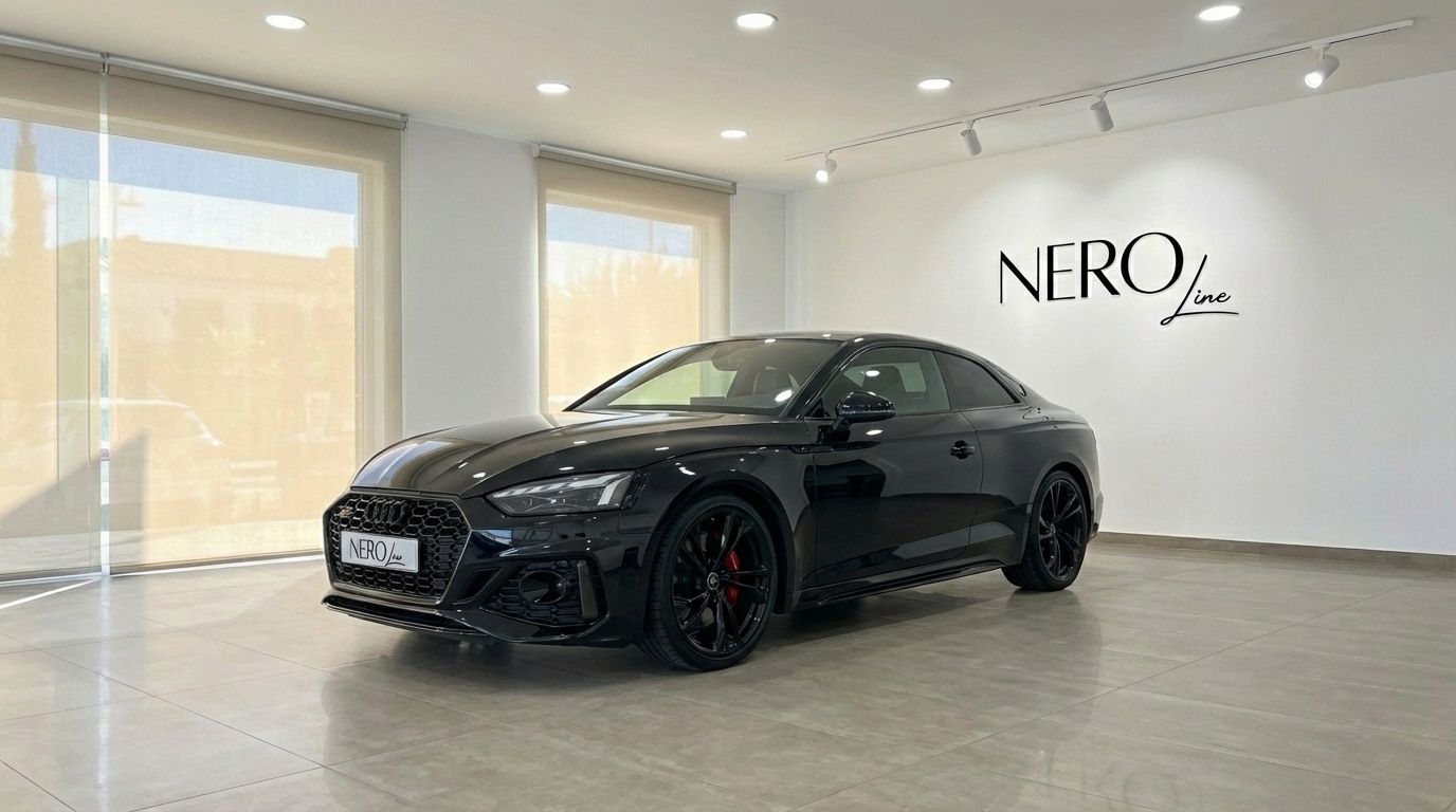 The black 2025 Audi RS5 luxury sedan is showcased from a front three-quarter view in a Marbella showroom.