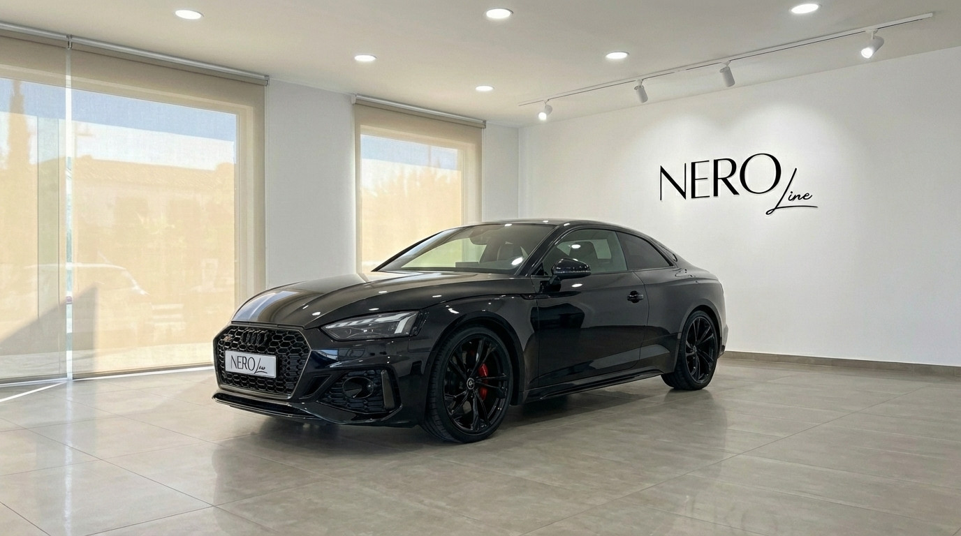 Audi RS5 — Luxury Sedan in Marbella Showroom The black 2025 Audi RS5 luxury sedan is showcased from a front three-quarter view in a Marbella showroom.