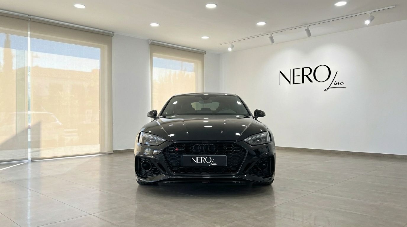 The black 2025 Audi RS5 is showcased from a front view in a bright showroom with the NEROline logo in Marbella.