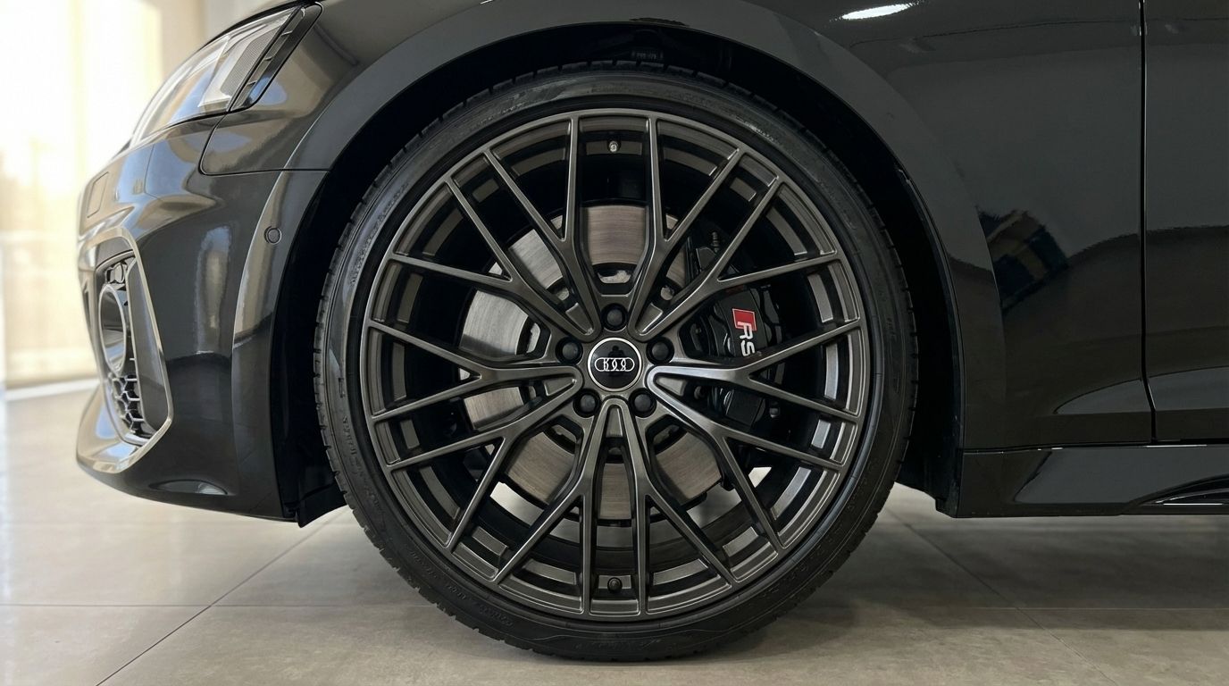 The black 2025 Audi RS5 luxury sedan's front wheel with multi-spoke rim and RS brake caliper, available in Marbella.
