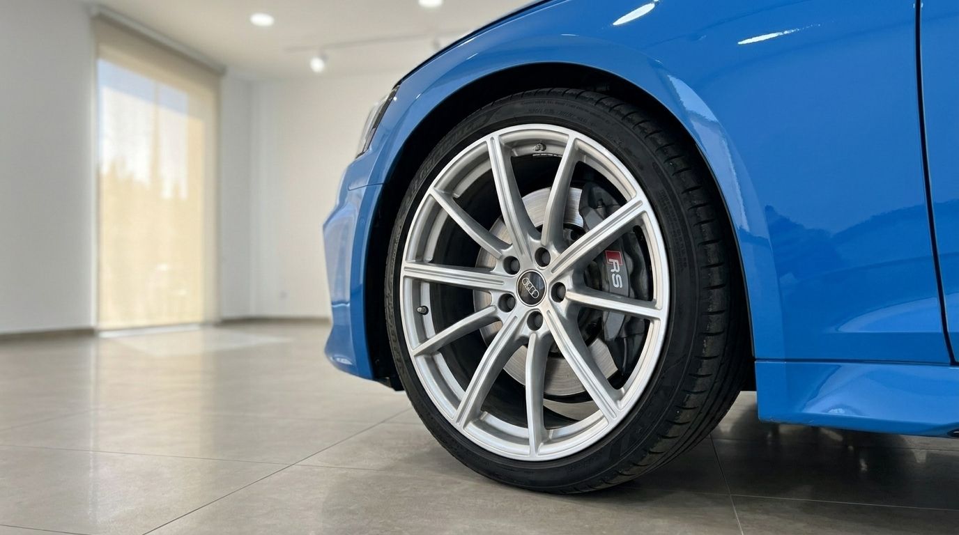 Close-up of the blue Audi RS5's front wheel, featuring a silver multi-spoke rim and red RS brake caliper, in Alicante.