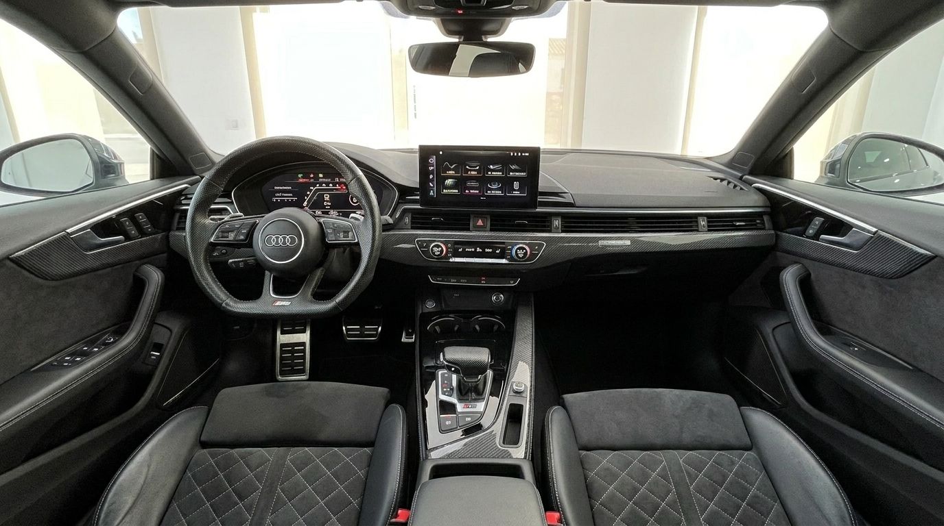 The luxurious interior cockpit of the 2020 Audi RS5 in Alicante, featuring a steering wheel, dashboard, and quilted leather seats.