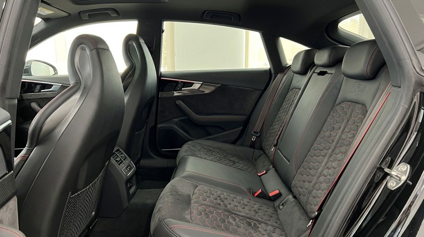 The luxurious rear interior of the Audi RS5 in Marbella, featuring black leather seats with distinctive red honeycomb stitching.