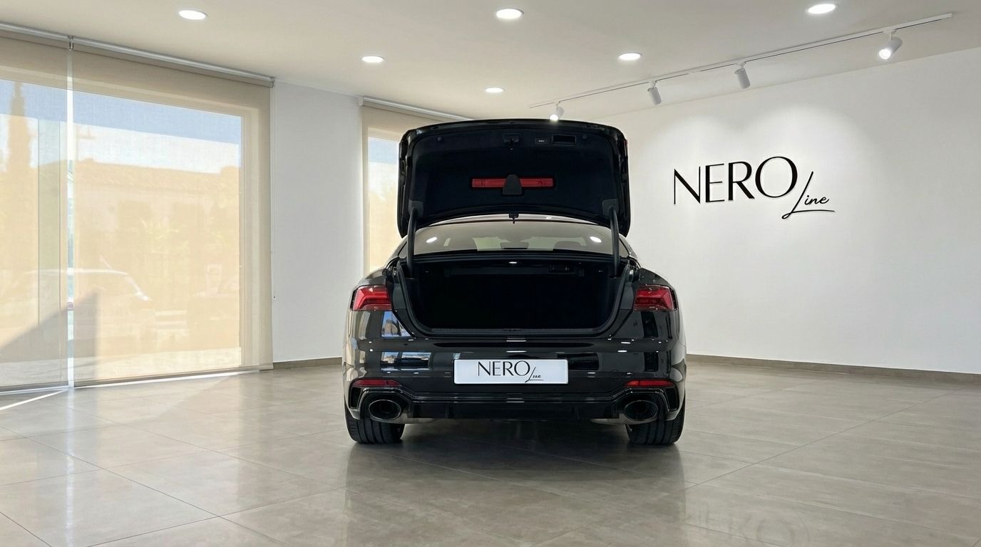 The black Audi RS5 is shown from the rear with its trunk open, revealing the spacious cargo area in a Marbella showroom.