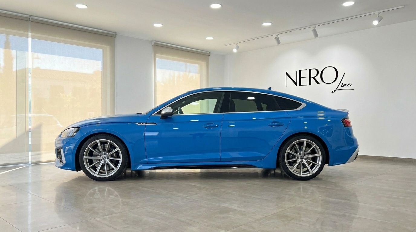 The vibrant blue 2020 Audi RS5 is showcased from its sleek side profile in a modern Alicante showroom.