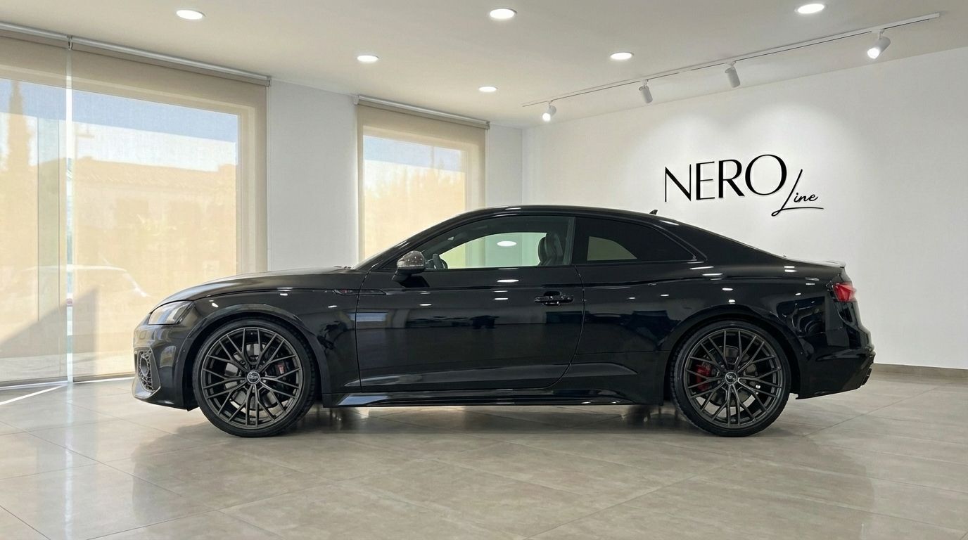 A sleek black Audi RS5 luxury car is displayed from its side profile in a brightly lit showroom in Marbella.