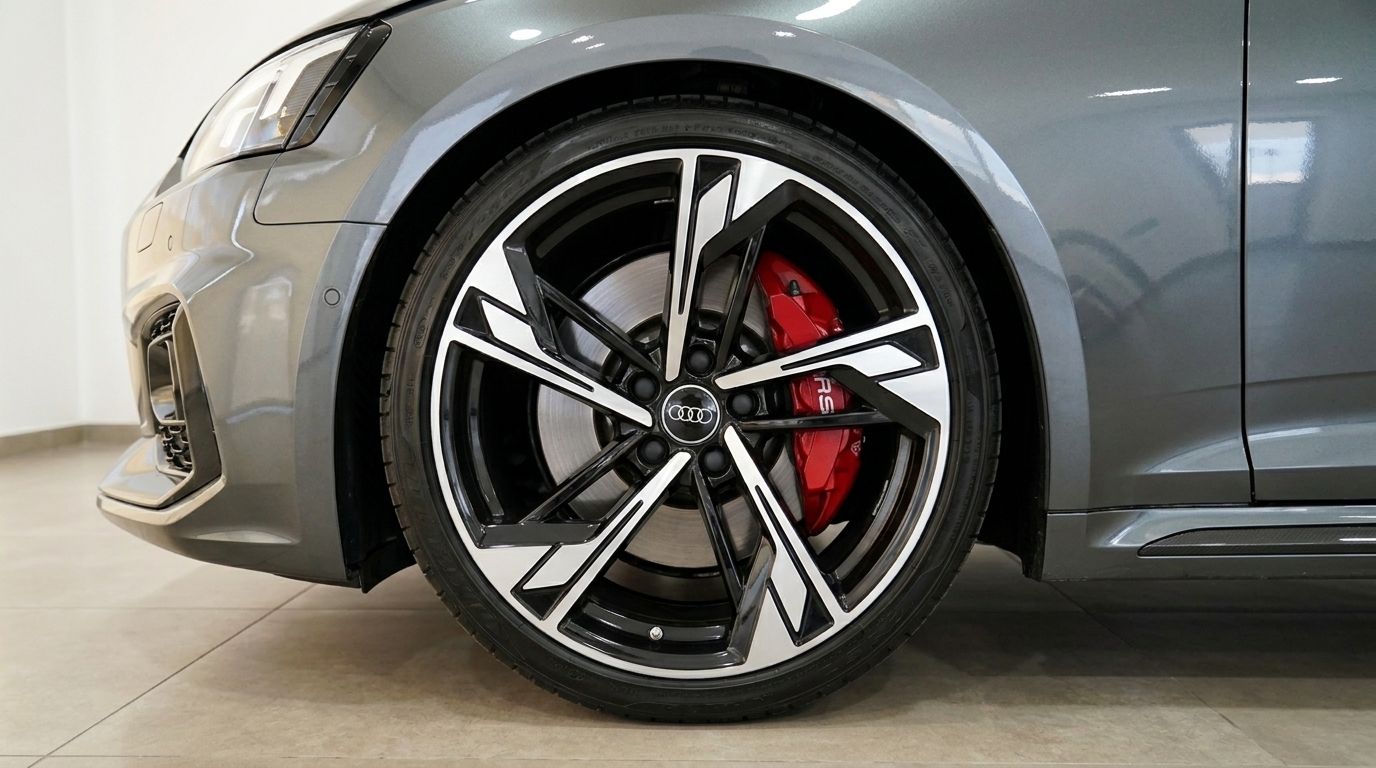 The front wheel of the Audi RS5 Sportback in metallic Daytona Gray, showcasing its multi-spoke rim and red brake caliper in Benidorm.