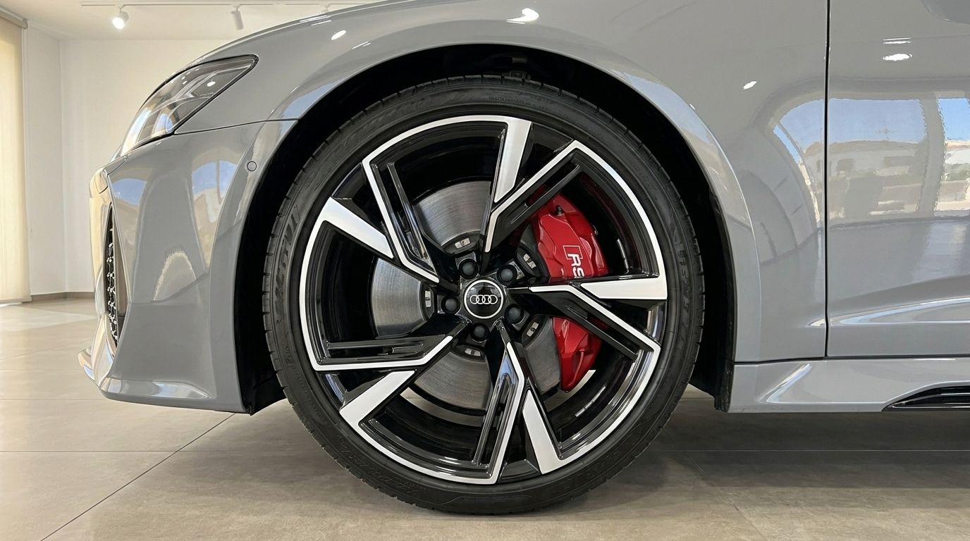 The Audi RS6 in gloss Nardo Grey showcases its distinctive black and silver front wheel with a prominent red RS brake caliper, available for rent in Ibiza.