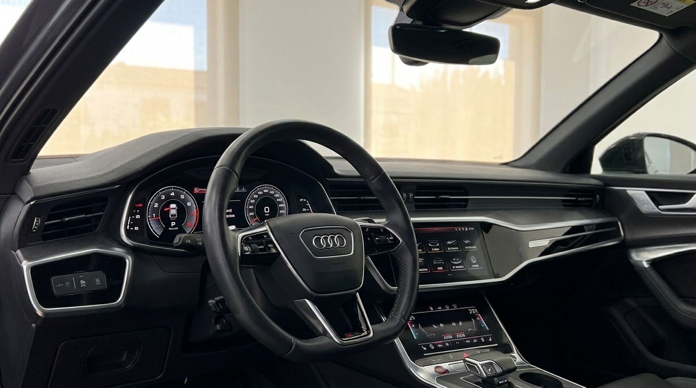 The luxurious interior of the Audi RS6 in Ibiza, showcasing the leather steering wheel, digital cockpit, and dual infotainment screens.