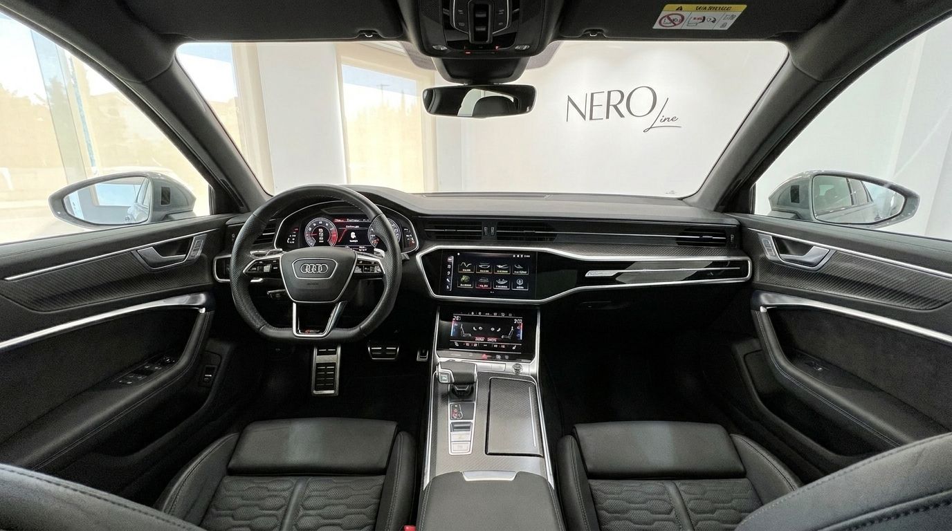 The image displays the luxurious black interior of the Audi RS6, featuring the dashboard, steering wheel, and front seats in Ibiza.