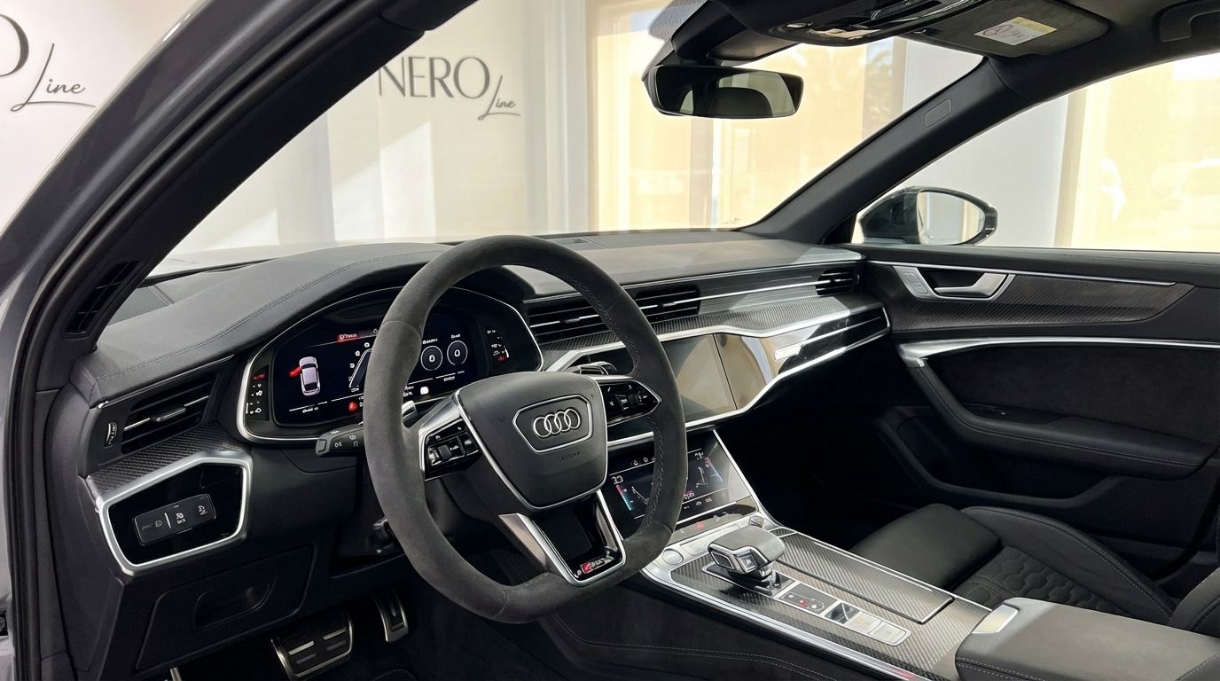The luxurious interior of the Audi RS6 Avant in Marbella, featuring the steering wheel, dashboard, and central console.