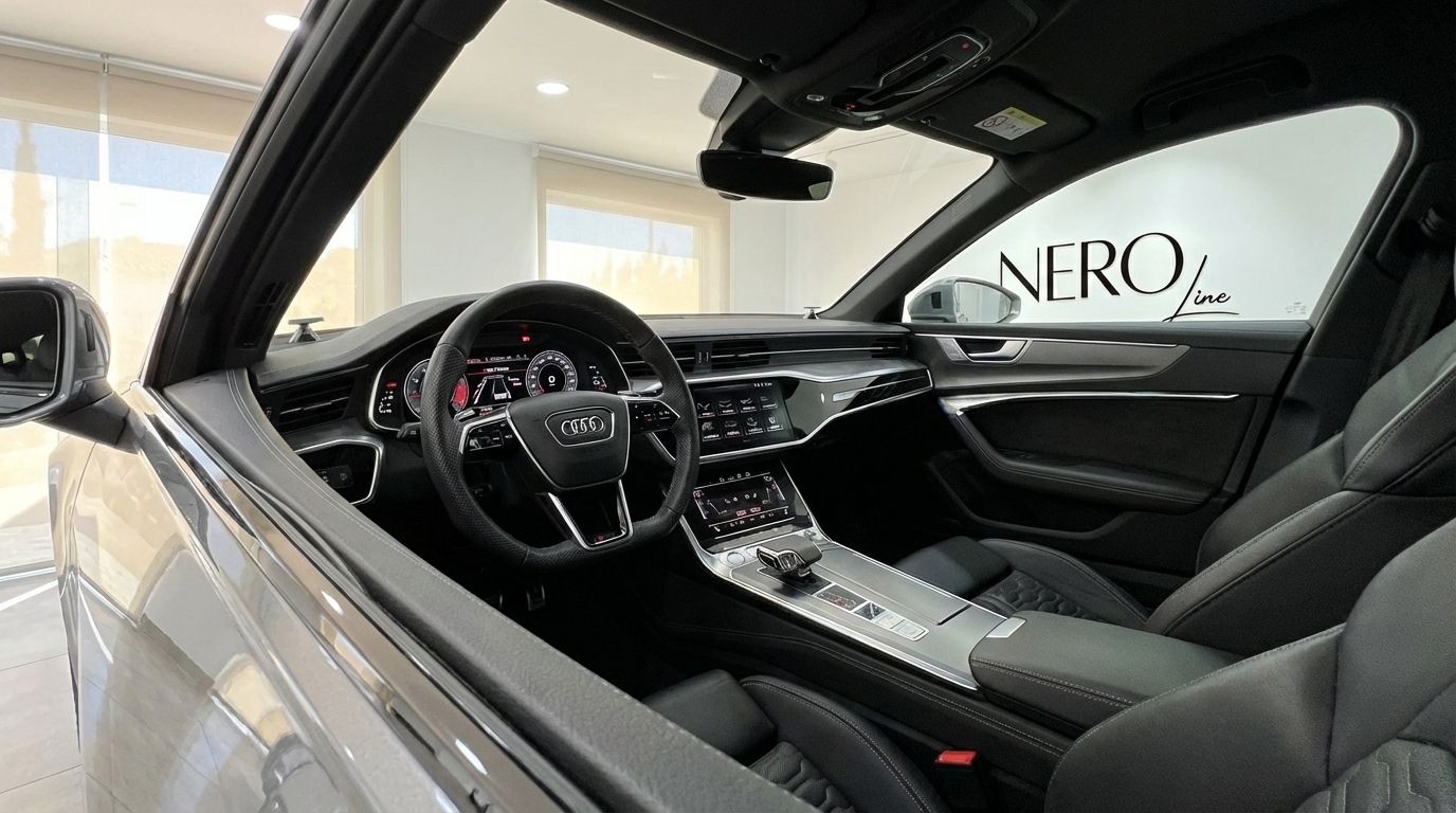 The luxurious matte gray interior of the Audi RS6 Avant in Marbella, showcasing its advanced dashboard, steering wheel, and comfortable front seats.