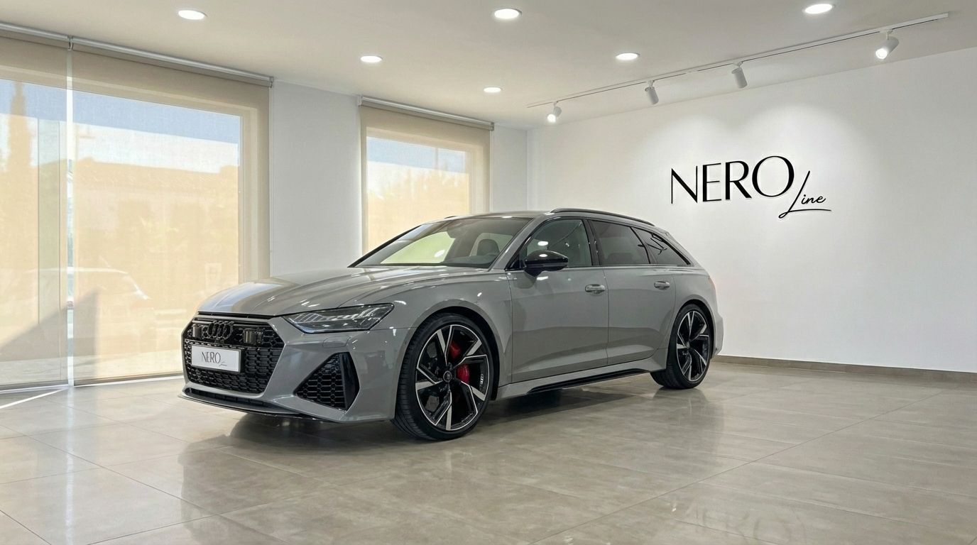 The matte gray Audi RS6 Avant, a luxury supercar, is showcased from a front three-quarter view in a bright Marbella showroom.
