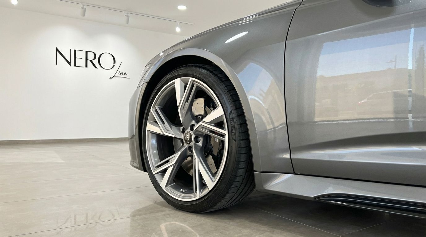 The matte gray Audi RS6 Avant's front wheel, tire, and brake caliper are prominently displayed in a showroom setting in Marbella.