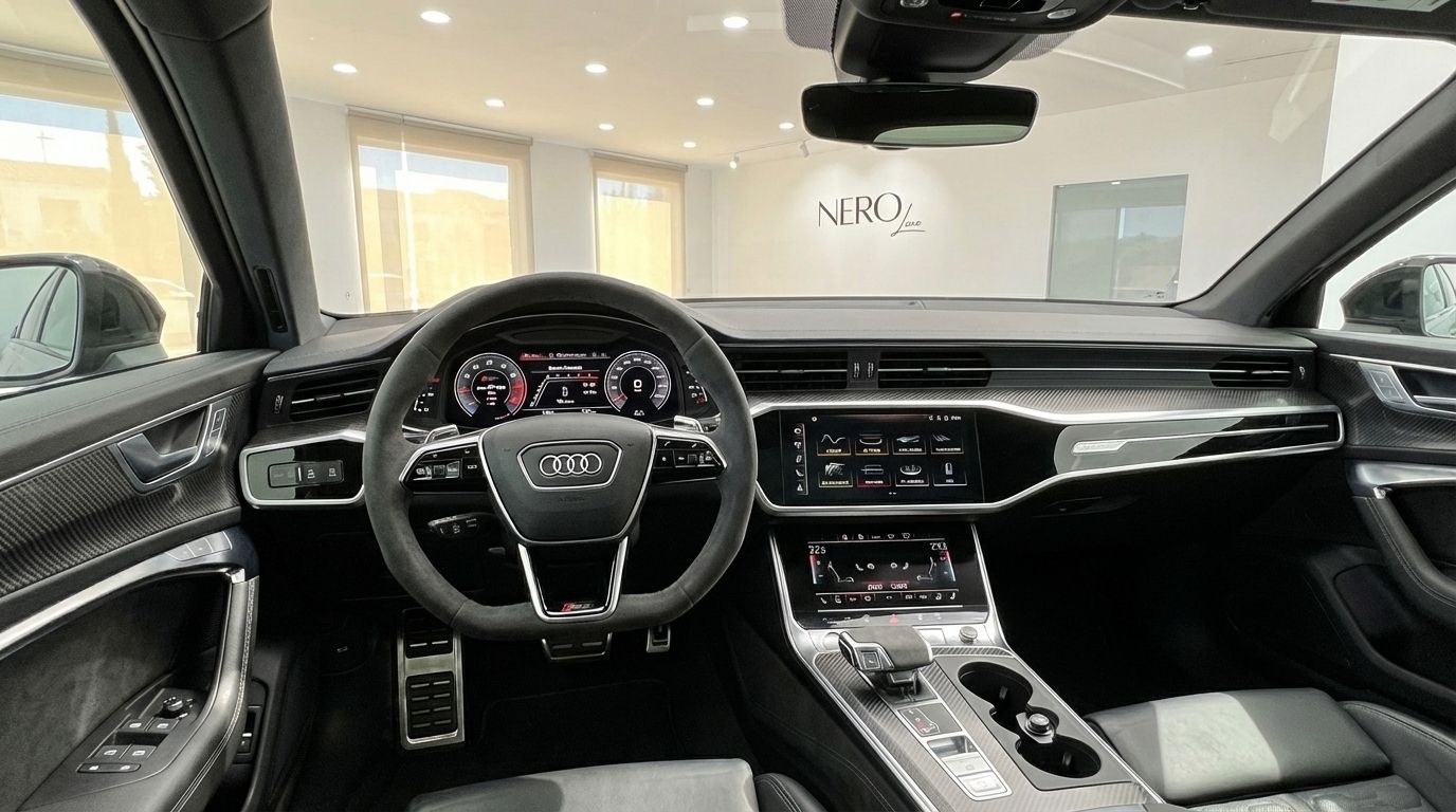 The luxurious interior of the 2025 Audi RS6 Performance in metallic gray, showcasing the driver's cockpit, dashboard, and central console in Marbella.