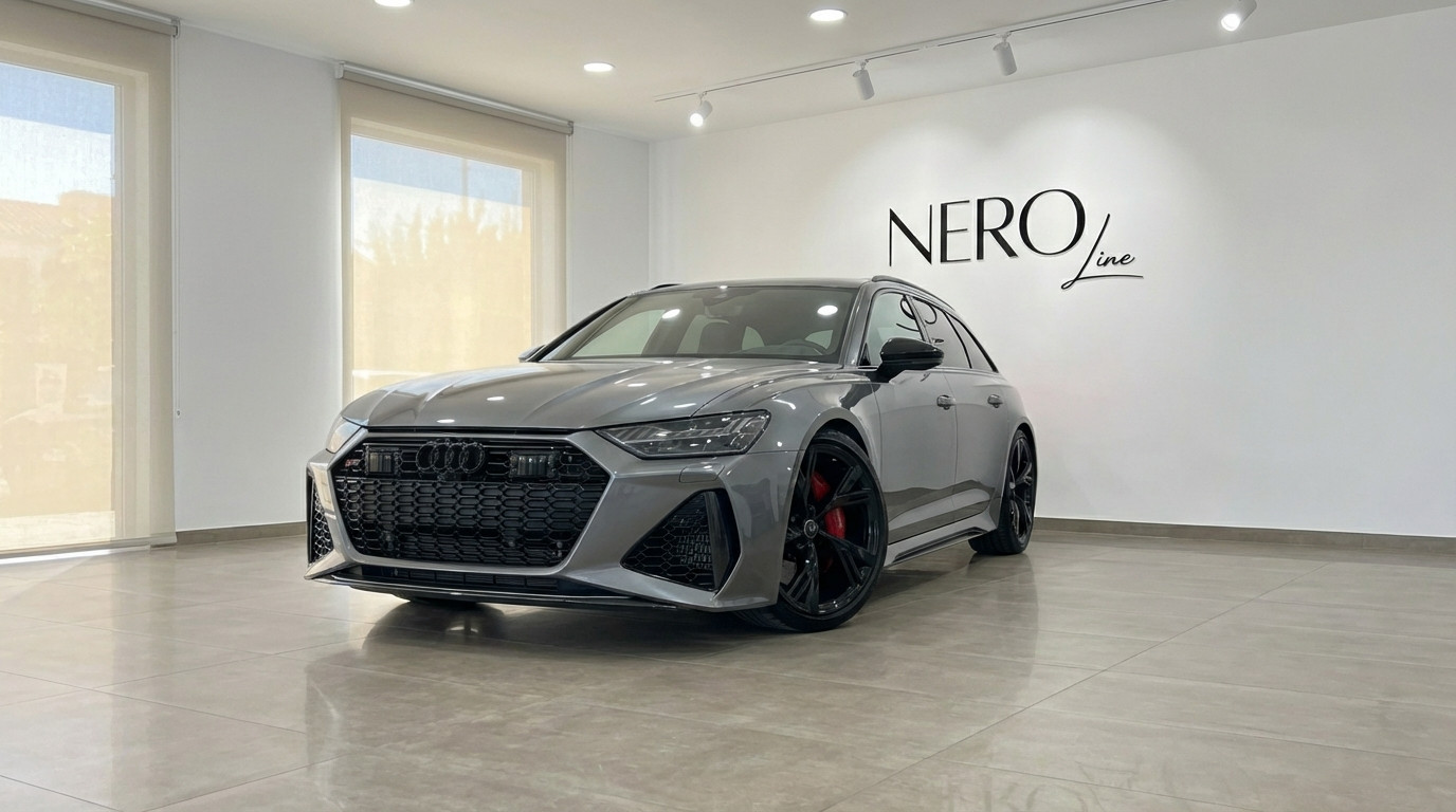 Audi RS6 Performance — Front three-quarter view The metallic gray 2025 Audi RS6 Performance is showcased in a showroom, captured from a front three-quarter angle in Marbella.
