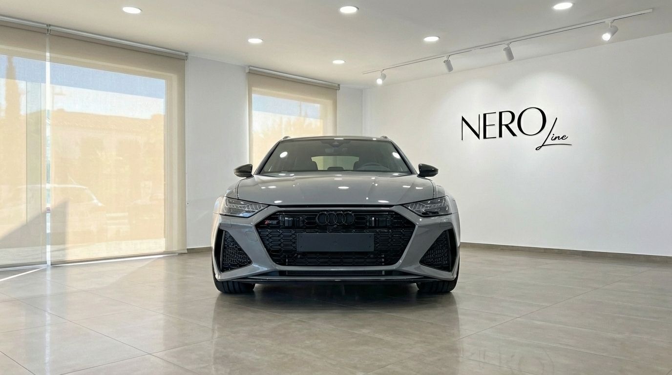 The metallic gray 2025 Audi RS6 Performance is showcased from the front in a bright Marbella showroom, featuring the Nero Line logo.