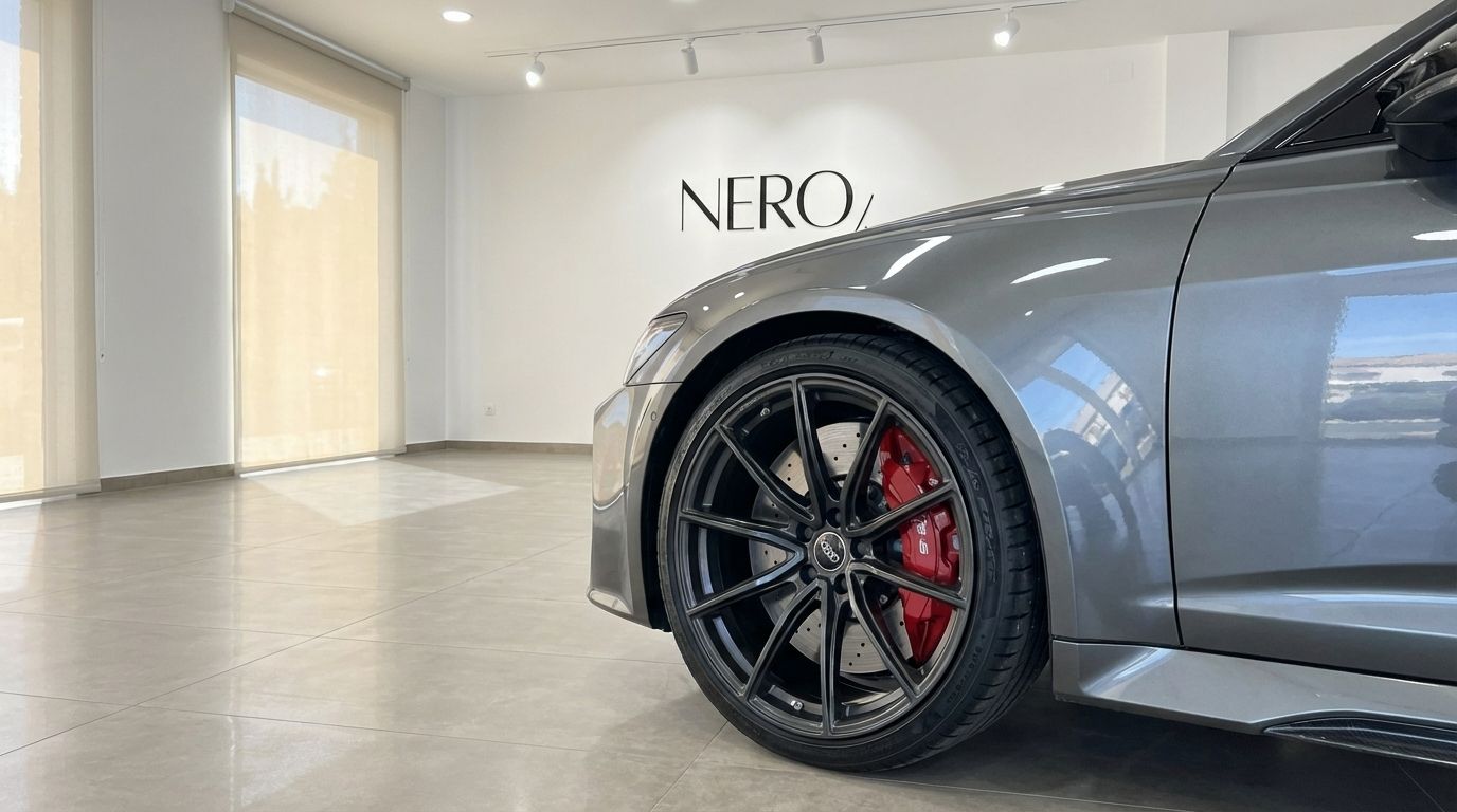 The metallic gray Audi RS6 Performance showcases its front wheel with striking red brake calipers in a Marbella showroom.