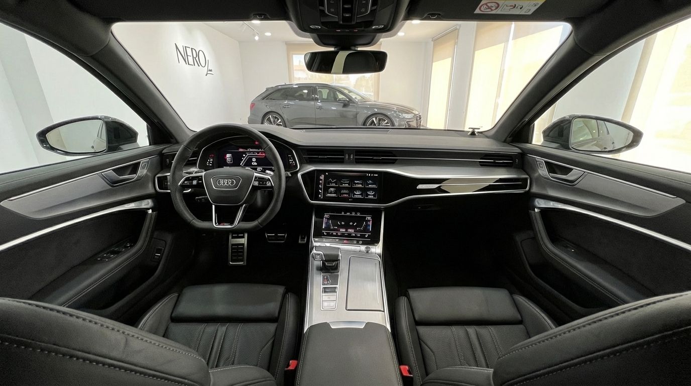 The luxurious interior cockpit of the 2025 Audi RS6 Performance in metallic gray, showcasing the dashboard, steering wheel, and black leather seats in Marbella.
