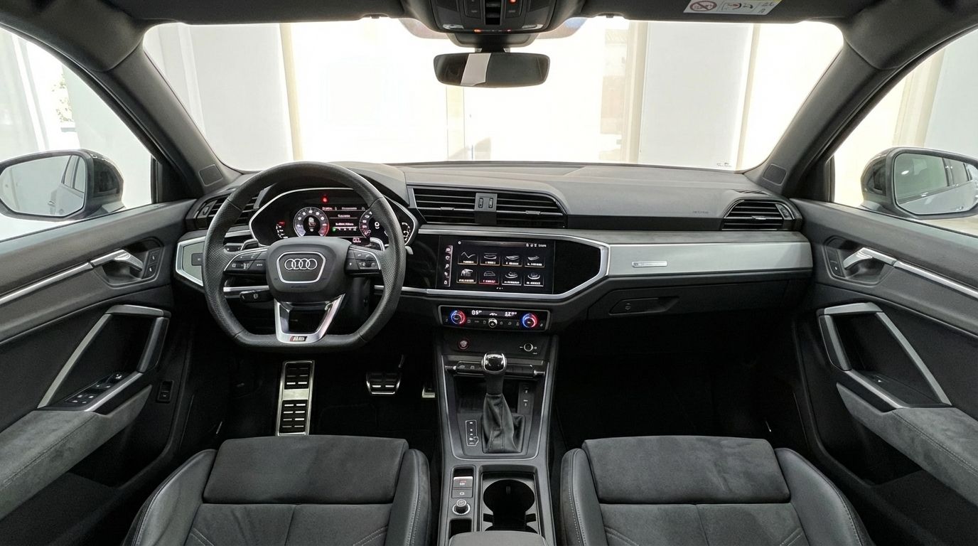 The luxurious interior of the Audi RSQ3 in Barcelona, showcasing the dashboard, steering wheel, infotainment system, and front seats.