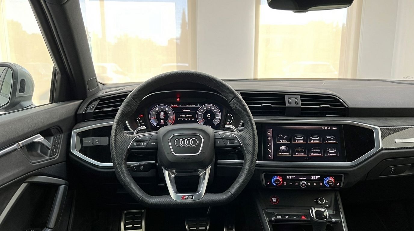 The modern interior of the Audi RSQ3 in Barcelona, showing the steering wheel, digital cockpit, and infotainment screen.
