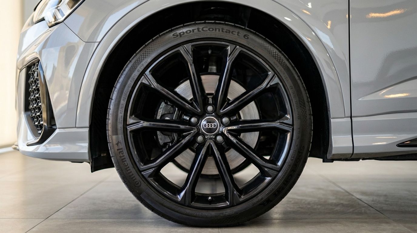 The front wheel of the metallic silver Audi RSQ3 in Barcelona, showcasing its distinctive black multi-spoke rim and brake disc.