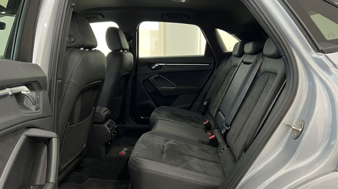 The luxurious black leather and suede rear seats and interior of the Audi RSQ3, available for rent in Barcelona.
