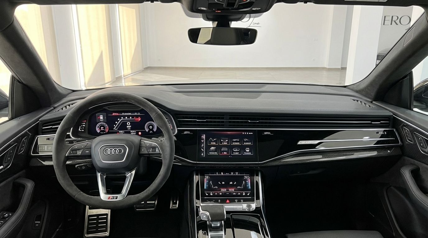 El lujoso habitáculo del Audi RSQ8 2025 en Madrid, con su volante distintivo, pantallas digitales y molduras de fibra de carbono.
