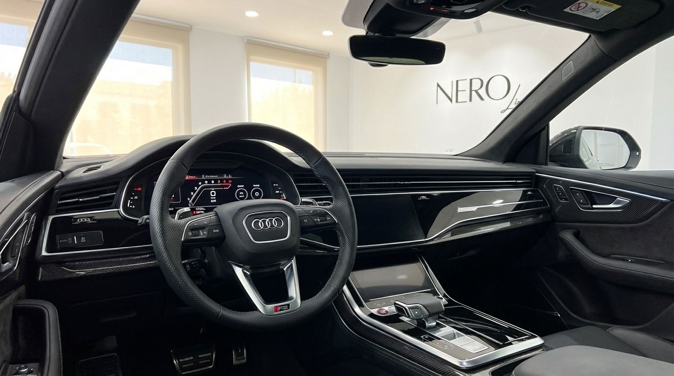 El lujoso interior negro y el salpicadero del Audi RSQ8 2025 en Madrid, mostrando el volante y las pantallas de infoentretenimiento.