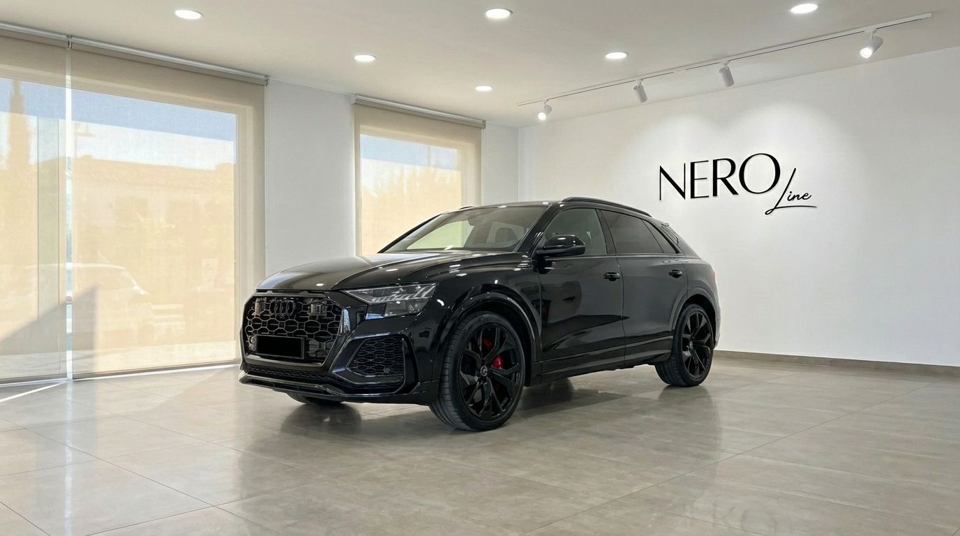 El Audi RSQ8 negro de 2025 se exhibe desde un ángulo frontal tres cuartos en una luminosa sala de exposiciones en Madrid.