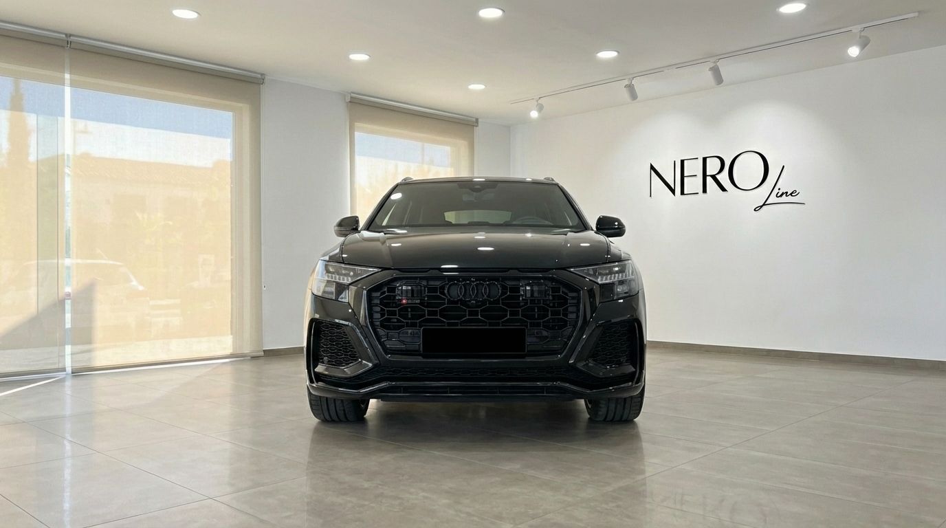 Un elegante Audi RSQ8 negro se exhibe prominentemente de frente en una moderna sala de exposición con el logo de Nero Line en Madrid.