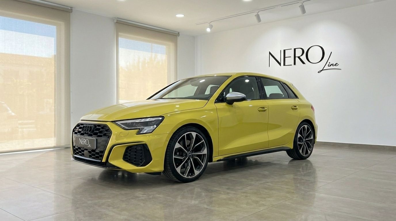 The 2022 Audi S3 in gloss Python Yellow is parked in a modern showroom in Alicante, showcasing its sleek front three-quarter view.