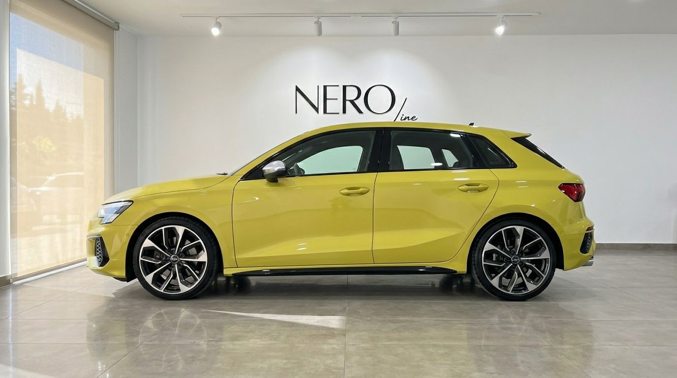 The gloss Python Yellow Audi S3 2022 is showcased in a side profile view inside a showroom in Alicante.