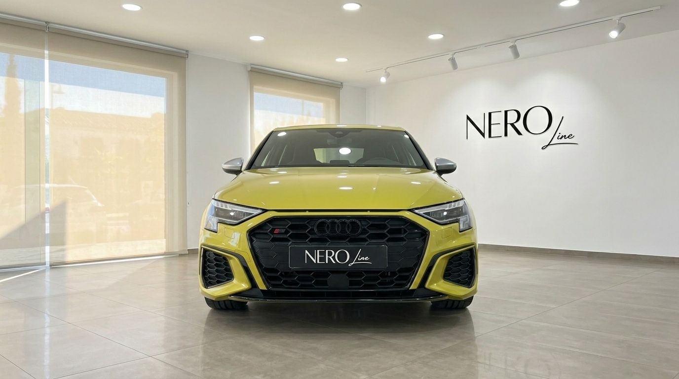 The gloss Python Yellow Audi S3 2022 is showcased in a showroom, featuring its aggressive front grille and headlights in Alicante.