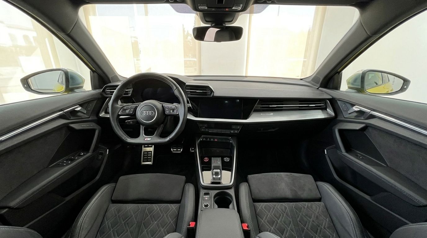 The luxurious interior cockpit of the Audi S3 in Alicante, showcasing the dashboard, steering wheel, and front seats.