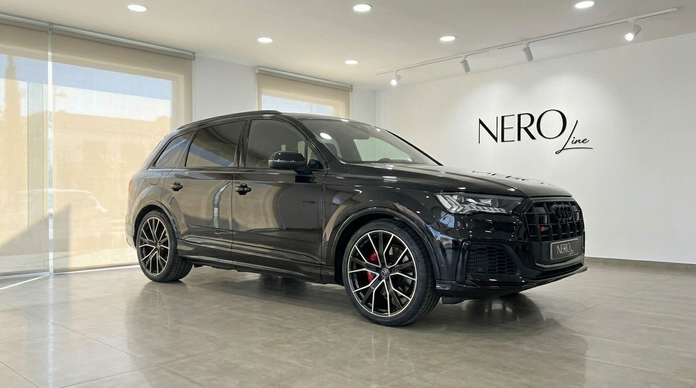 Le SUV de luxe Audi SQ7 2021 noir brillant est présenté de trois quarts avant dans un showroom à Marbella.