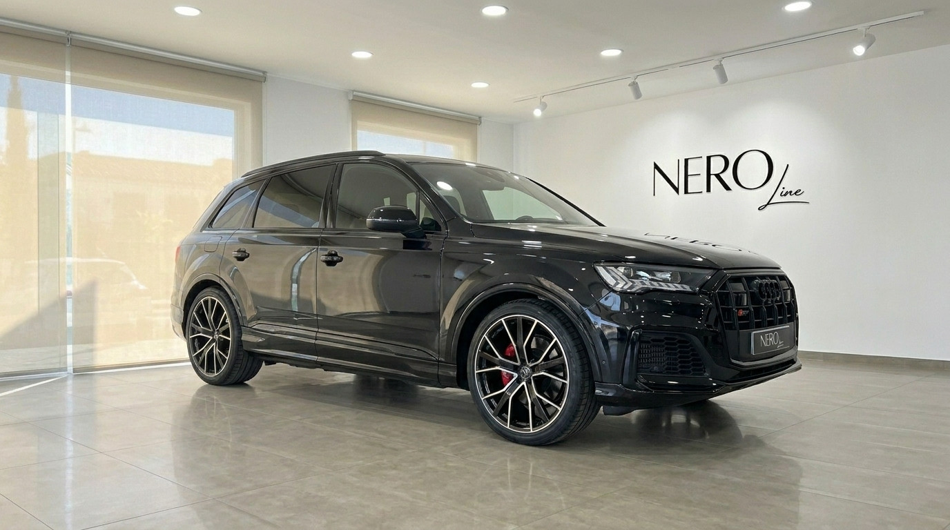 Audi SQ7 — SUV Performance à Marbella Le SUV de luxe Audi SQ7 2021 noir brillant est présenté de trois quarts avant dans un showroom à Marbella.