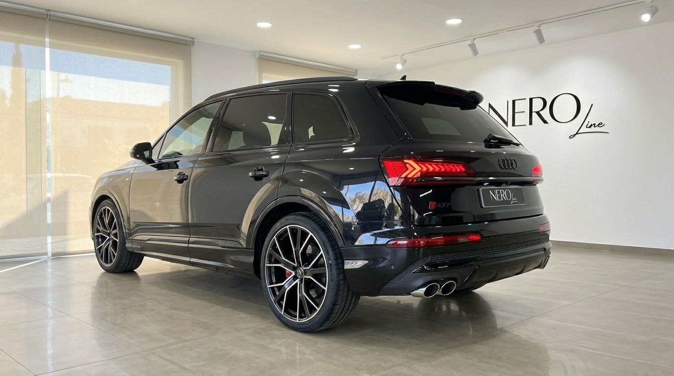 Le SUV de performance Audi SQ7 noir élégant de 2021 est présenté de trois quarts arrière dans un showroom moderne à Marbella.
