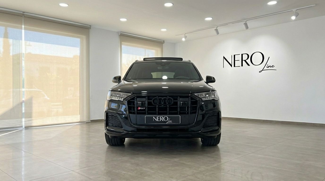 Le SUV de performance Audi SQ7 noir de 2021 est affiché de face dans un showroom à Marbella.
